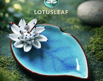 Handgefertigter Räucherstäbchenhalter aus Keramik in Lotusform, Aschefänger in türkisblauen Blättern, Dekoration für Zen-Meditation