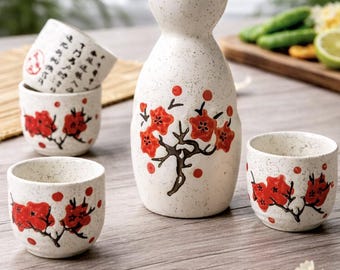 Handbemaltes japanisches Sake-Set – Keramikkaraffen mit Kirschblüten- und Drachenmotiv