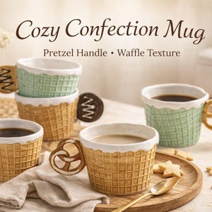 Può includere: Tazze Cozy Confection con manici a forma di pretzel e texture a cialda. Le tazze sono riempite con caffè e tè. Le tazze sono marrone chiaro, verdi e bianche. L'immagine include anche biscotti a forma di stella e un cucchiaio.
