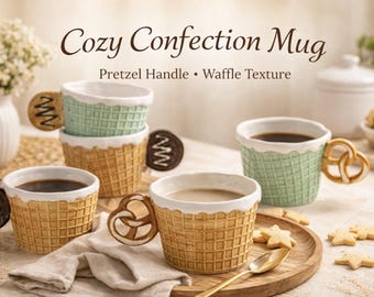 Waffel Keramik Kaffeebecher mit Brezel oder Cookie Griff