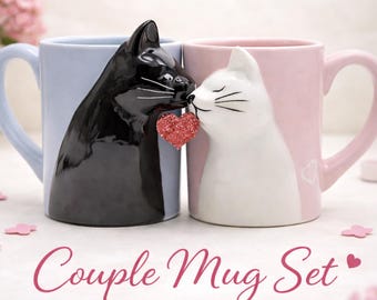 Handgefertigte Keramik Katzen Paar Tassen - Schwarz-Weiß-Kaffeetassen, Geschenk zum Valentinstag