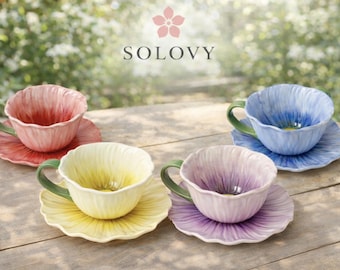 Blumenförmige Keramiktasse und Untertasse | Blumen Kaffeebecher | Cottagecore Küche Dekor Geschenk