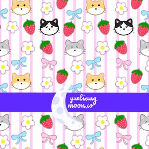 May include: A repeating pattern featuring cartoon cat faces in various colors, strawberries, white flowers, and bows on a striped background. The design includes the text "yueliang moon.co" on a purple banner.