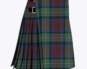 May include: A traditional kilt in a tartan pattern, featuring shades of green, purple, and brown. The pleated skirt has a buckle closure and a classic design. The kilt is a symbol of Scottish heritage and is often worn for formal occasions.