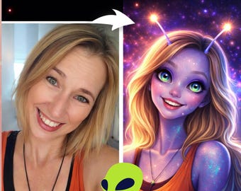Alien portrait from your photo | Personalized cartoon image | Funny gift | Couple, family, baby, pet
