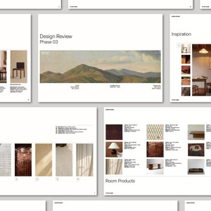 May include: A collection of design review documents, including color swatches, project timelines, and room product details. The documents feature text and images related to interior design, with a focus on color palettes and room layouts.