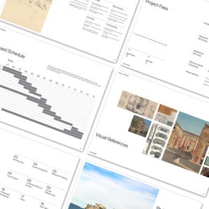 Könnte beinhalten: Eine Sammlung weißer Papierdokumente mit schwarzem Text und architektonischen Skizzen. Die Dokumente enthalten Abschnitte mit den Titeln "Vorgeschlagener Zeitplan", "Projektgebühren" und "Visuelle Referenzen". Das Layout zeigt eine Zeitleiste und Projektdetails.