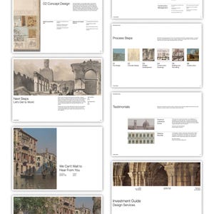 Pode incluir: Apresentação de design arquitetônico com slides. Os slides apresentam texto, desenhos arquitetônicos e imagens de edifícios e paisagens urbanas. Os tópicos incluem design conceitual, etapas do processo e depoimentos.