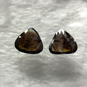 Puede incluir: Dos piedras preciosas sueltas de corte triangular con una apariencia marrón oscura y translúcida. Cada piedra presenta una superficie facetada que refleja la luz, mostrando inclusiones internas y una paleta de colores tierra profundos.
