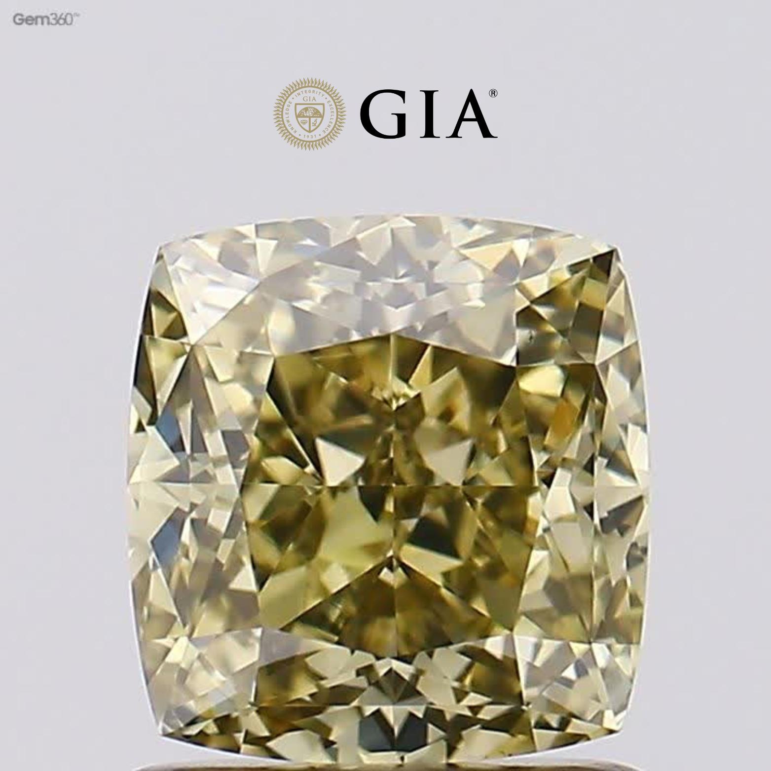 1.29 Ct Cushion Cut Fancy Dark Brown Greenish Yellow Diamond, VS2 