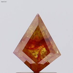 May include: A kite-shaped gemstone with a warm color palette. The outer edges are a pale pink, transitioning to a vibrant orange and yellow interior. The gemstone's facets create a sparkling effect, showcasing its unique cut and color.