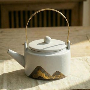 Handmade Ceramic Teapot – Japanese Mountain Design, Jute Handle