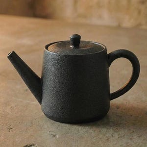 Puede incluir: Una tetera de cerámica negra con superficie texturizada. La tetera tiene un asa curva, un pico largo y una tapa con un pequeño pomo. Se encuentra sobre una superficie de color neutro.