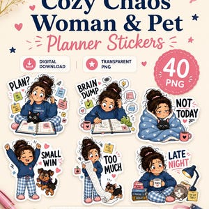 May include: A digital download of planner stickers featuring a woman and her pets. The stickers include illustrations of a woman with a cat and dog, with phrases like "Plan?", "Brain Dump", and "Late Night". The stickers are perfect for planners and journals.