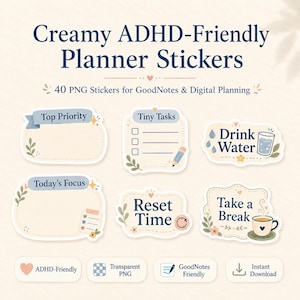 Könnte beinhalten: Cremige, ADHD-freundliche Planer-Aufkleber mit verschiedenen Designs. Enthält Aufkleber mit den Aufschriften "Top Priorität", "Kleine Aufgaben", "Trinken Wasser", "Tagesfokus", "Zeit zurücksetzen" und "Eine Pause machen".