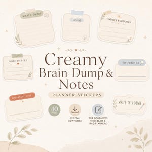 Puede incluir: Pegatinas de planificador Creamy Brain Dump & Notes. La imagen muestra varias notas adhesivas beige con texto como "Brain Dump", "Ideas" y "Today's Thoughts". Las pegatinas están decoradas con hojas y cinta adhesiva.