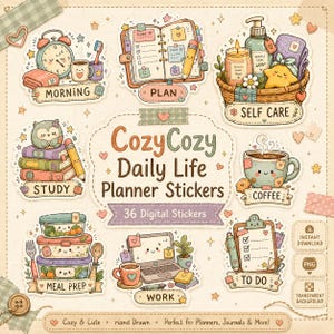 May include: Digital sticker sheet featuring illustrations of daily life activities. Includes stickers for morning routines, planning, studying, self-care, coffee, meal prep, work, and to-do lists. The text reads "Cozy Cozy Daily Life Planner Stickers."