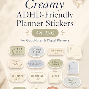 Könnte beinhalten: Cremige, ADHD-freundliche Planer-Aufkleber mit 48 PNG-Dateien. Die Aufkleber zeigen Sätze wie „Hier starten“, „Fokus 25“ und „Deadline“. Entworfen für GoodNotes und digitale Planer.