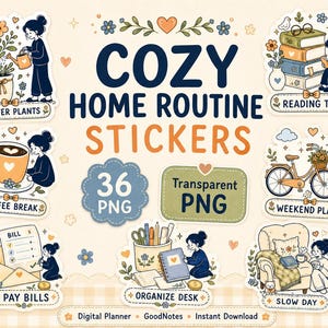 Könnte beinhalten: Eine Sammlung von Cozy Home Routine-Stickern mit Illustrationen von täglichen Aktivitäten. Die Sticker zeigen das Gießen von Pflanzen, Lesen, Kaffeepausen, Wochenendpläne, Rechnungen bezahlen, den Schreibtisch organisieren und Entspannen. Transparente PNG-Dateien.