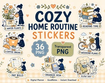 36 PNG Home Routine Planner Stickers, Cozy Daily Life Icons,GoodNotes Digital Stickers