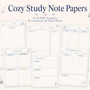 May include: A collection of digital study note papers with a soft, cream-colored background. The papers are designed with a minimalist aesthetic, featuring light blue borders and headings. The text "Cozy Study Note Papers" is at the top. The image includes a coffee cup and floral accents.