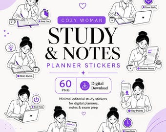 60 PNG Cozy Woman Study & Notes Planner ,  Digital Stickers, GoodNotes ,,Violet Purple Planner