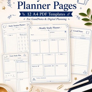 May include: A collection of printable A4 planner pages with a cozy theme. The pages include templates for study sessions, weekly planning, exam study plans, and Cornell notes. The text "Cozy Student Planner Pages" is at the top.