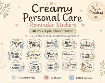 40 PNG Creamy Personal Care Reminder Stickers,  Digital Planner Stickers, Self Care Routine Stickers, Hygiene Reminder, GoodNotes Stickers