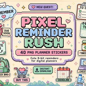 以下が含まれることがあります： PIXEL REMINDER RUSHというテキストが書かれた40種類のピクセルアートデジタルプランナーステッカー。クリップボード、カレンダー、目覚まし時計、バックパック、ショッピングカート、ノートパソコン、薬瓶などのアイコンがあり、REMEMBER、TO DO、TODAY、DUE SOON、NOTE TO SELF、PACK BAG、BUY THIS、DEADLINE、TAKE MEDS、CHECK EMAIL、DRINK WATERといったラベルが含まれています。