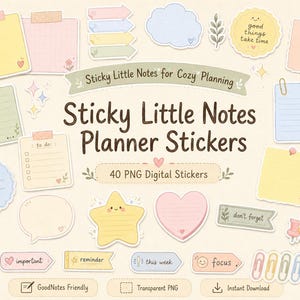 Peut inclure: Une collection d'autocollants numériques pour agenda avec des notes adhésives pastel, des flèches, des cœurs, des étoiles et des motifs floraux. Le texte indique Sticky Little Notes for Cozy Planning, Sticky Little Notes Planner Stickers, 40 PNG Digital Stickers.