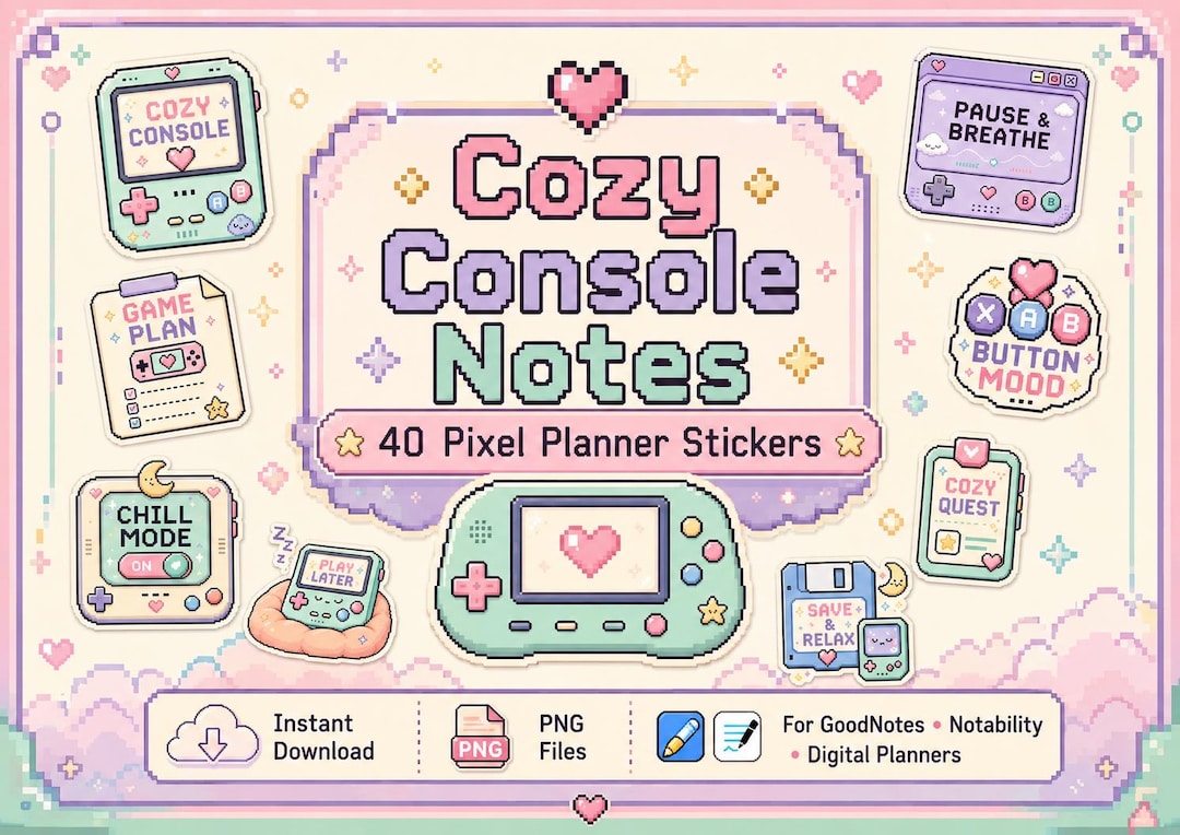 Console Notes 40 PNG Cozy Console Notes Stickers PNG, Cute Pixel Planner Stickers for ...