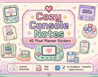 40 PNG Cozy Console Notes Stickers PNG, Cute Pixel Planner Stickers for GoodNotes, Notability, Digital Journal, Cozy Gamer Stickers