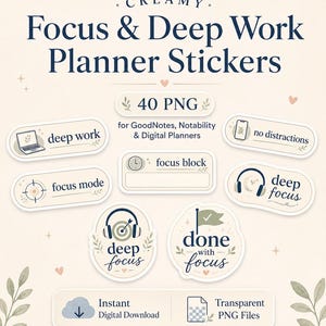 May include: Creamy-themed digital planner stickers with the text "Focus & Deep Work Planner Stickers." The stickers include phrases like "deep work," "focus mode," and "no distractions." The set includes 40 PNG files for digital planners.