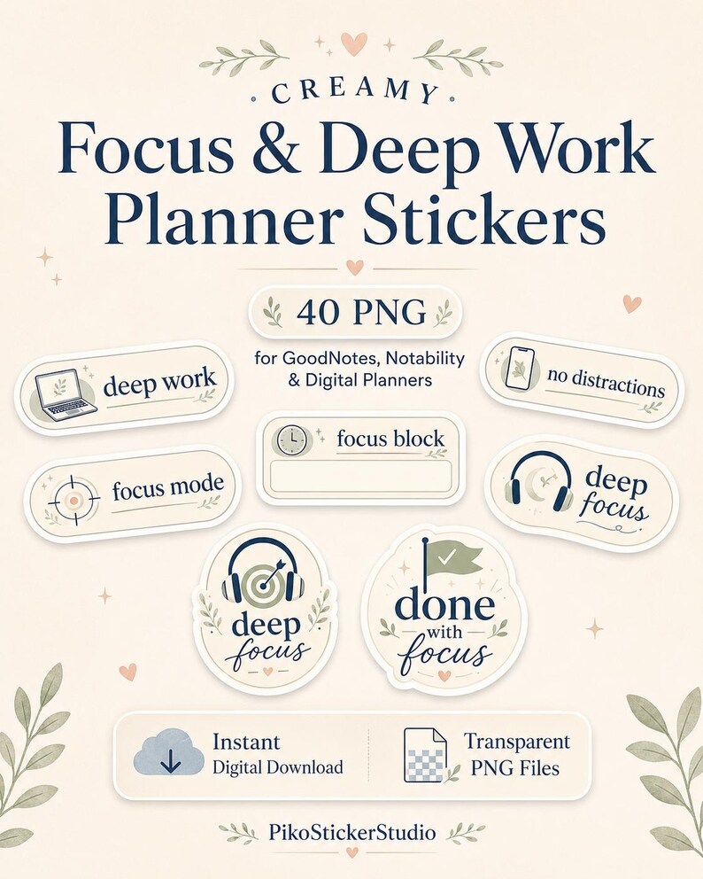 40 PNG Creamy Focus Planner Stickers, Deep Work Goodnotes Stickers ...
