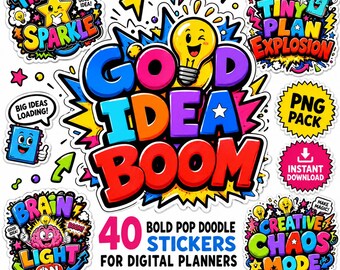 40 PNG Good Idea Boom Stickers PNG,Bold Pop Doodle Digital Planner Stickers, Creative Mood Stickers for GoodNotes, Notability, Journal