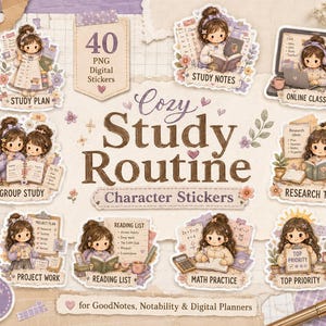 May include: A collection of 40 PNG digital stickers titled Cozy Study Routine Character Stickers. The set features illustrations of a girl studying in various scenarios including study plan, study notes, online class, group study, and research time.