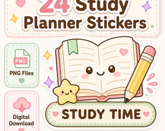 24 PNG Kawaii Study Planner Stickers, Pastel School Icons, GoodNotes PNG Files (Digital Download)