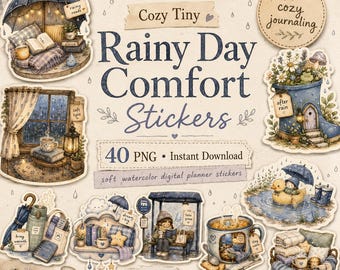 40 PNG Cozy Rainy Day Digital Planner Stickers,Watercolor Stickers, Cute Rain Journal Stickers, GoodNotes Notability iPad Planner Stickers