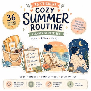 May include: A collection of 36 digital planner stickers with a cozy summer theme. The stickers include illustrations of a beach scene, a checklist, and a picnic basket. The text includes "Cozy Summer Routine" and "Plan, Relax, Enjoy."