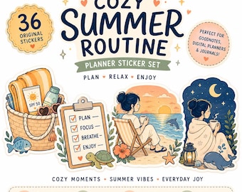 36 PNG Cozy Summer Routine Planner Stickers, 36 Hand-Drawn PNG Digital Stickers (GoodNotes Ready)