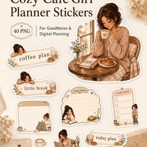 Puede incluir: Pegatinas digitales para planificador con temática de café acogedor. Las pegatinas presentan ilustraciones de una mujer disfrutando de café, pasteles y estudiando. El texto incluye "Cozy Cafe Girl Planner Stickers", "coffee plan", "little break", "cozy notes", "study break" y "today plan".