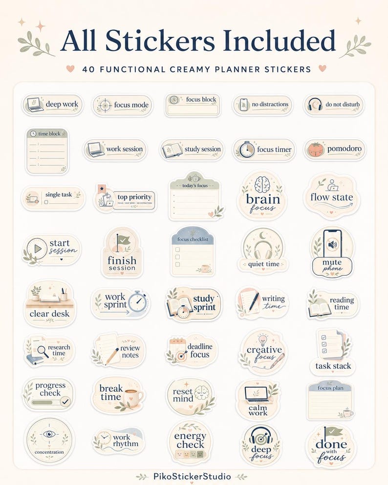 40 PNG Creamy Focus Planner Stickers, Deep Work Goodnotes Stickers ...