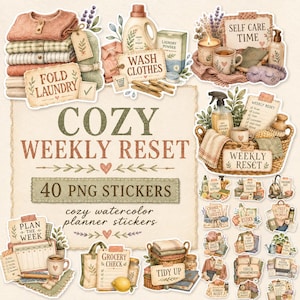 May include: A collection of 40 watercolor stickers featuring household chores and self-care themes. The set includes illustrations of folded laundry, cleaning supplies, baskets, planners, and text labels like Fold Laundry, Wash Clothes, and Weekly Reset.