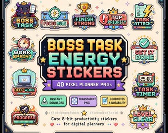 40 PNG Boss Task Energy Stickers, Pixel Planner Stickers, Productivity Stickers, GoodNotes, Work Task Stickers, Cute 8 Bit Digital Planner