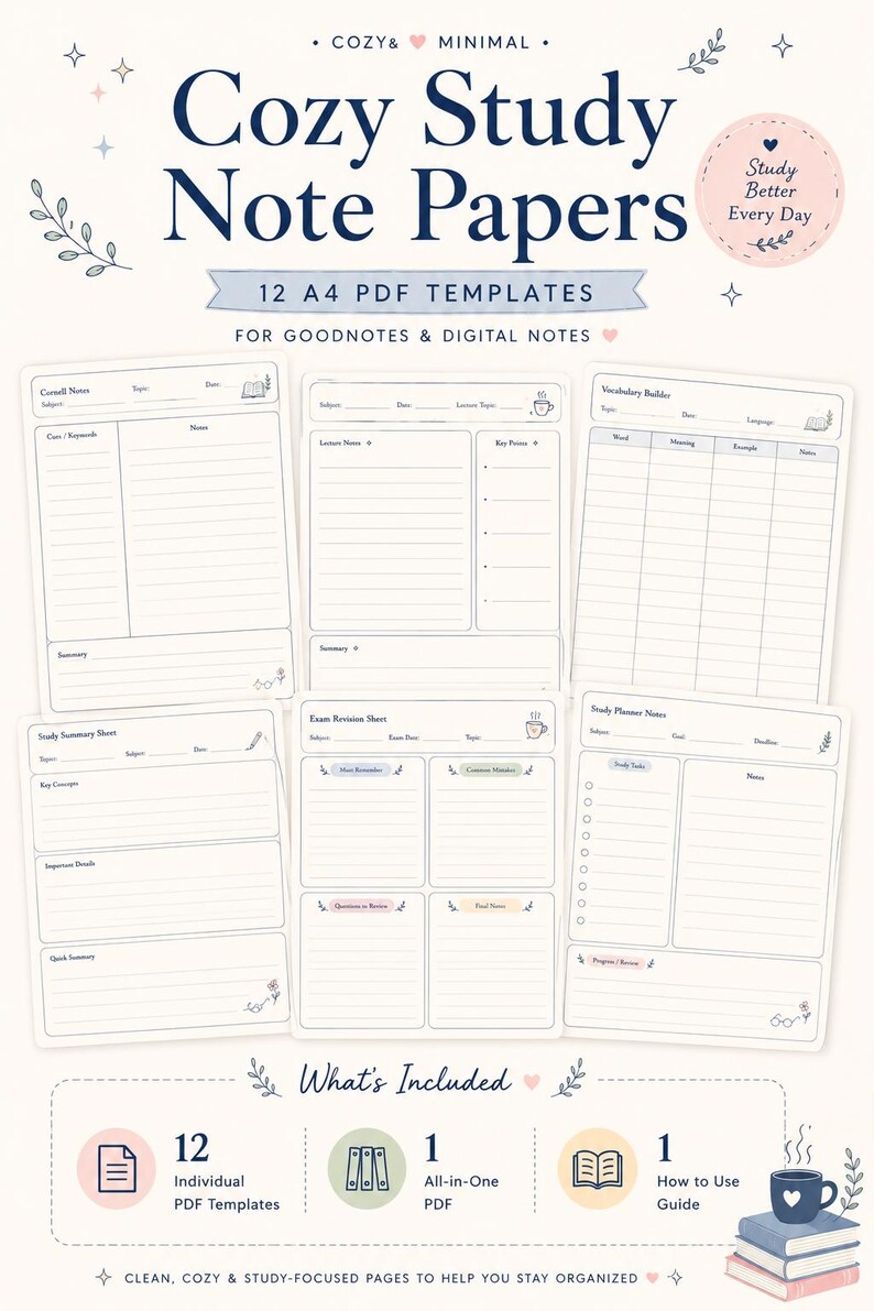 Study Note Paper Templates for Goodnotes, Cornell Notes & Lecture Notes ...