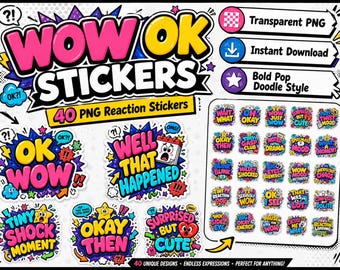 40 PNG Wow Ok Stickers, Reaction Stickers, Funny Digital Planner Stickers, Bold Pop Doodle Stickers, Comic Mood Stickers, Instant Download