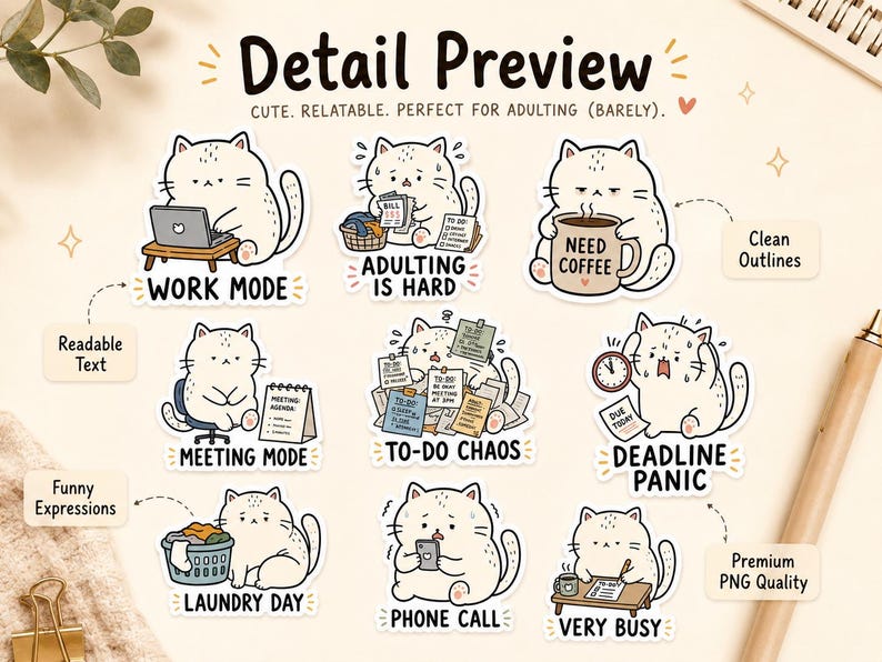 40 PNG Weird Work Cat Stickers, Adulting Planner , Funny Office ...