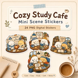 May include: A digital sticker sheet titled "Cozy Study Cafe" featuring illustrations of cute characters studying. The stickers include scenes with coffee, books, and the text "Coffee & Notes," "Study Cafe," and "Library Day." The sheet contains 24 PNG digital stickers.
