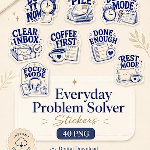 Könnte beinhalten: Eine Sammlung digitaler Sticker mit dem Thema Produktivität. Die Sticker zeigen Sätze wie „Do It Now“, „Task Pile“ und „Deadline Mode“. Die zentrale Grafik lautet „Everyday Problem Solver Stickers“ mit „40 PNG“ darunter. Enthält ein Symbol für digitalen Download.