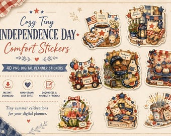 40 PNG Cozy Independence Day Stickers,Digital Planner Stickers, Fourth of July Americana Summer Stickers, GoodNotes Planner PNG